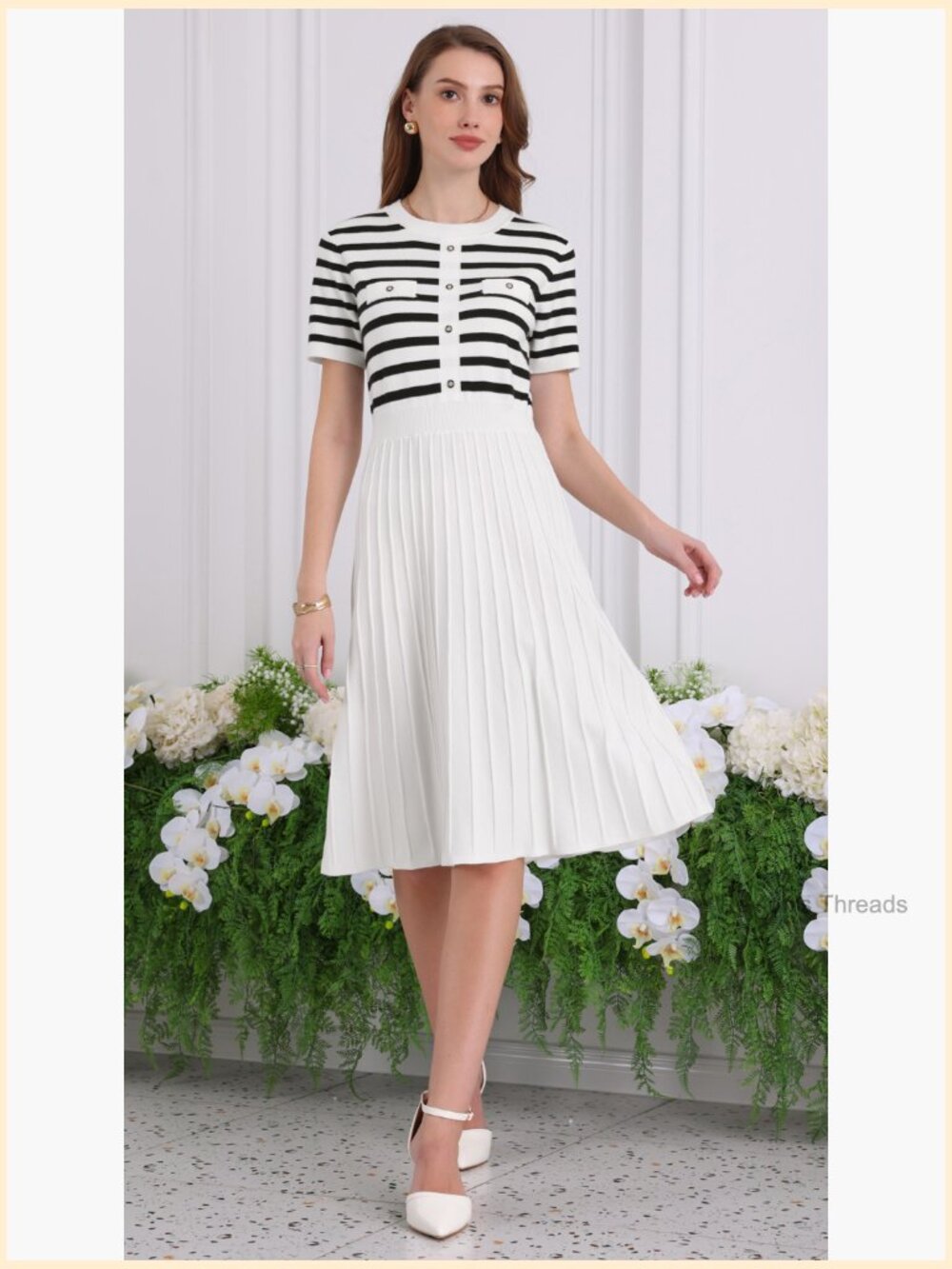 Striped Pleated A-Line Knit Sweater Dress Short Sleeve Midi Casual - Picture 6 of 6